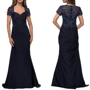 NEW La Femme 27989 Lace Sleeve Satin Evening Dress in Navy Sz. 6